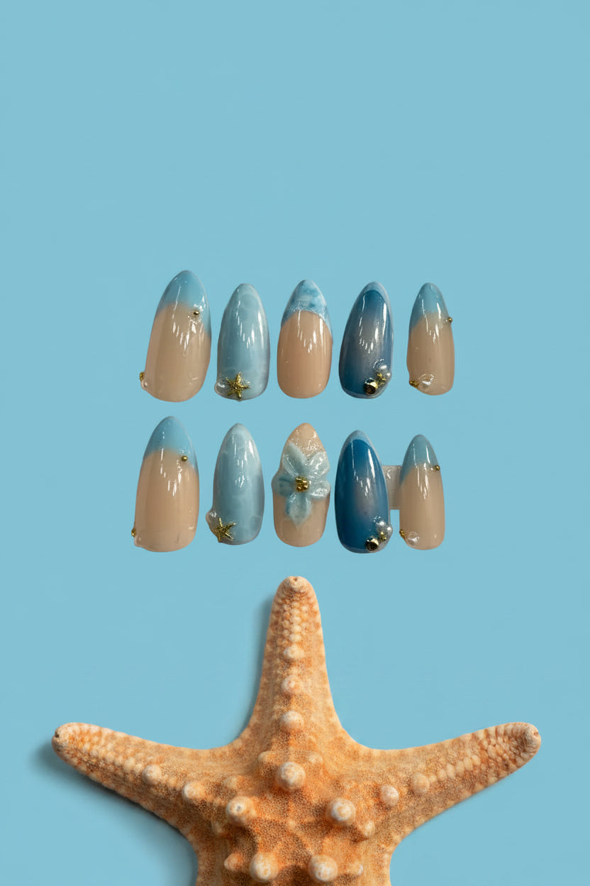 Blue sea theme press on nails
